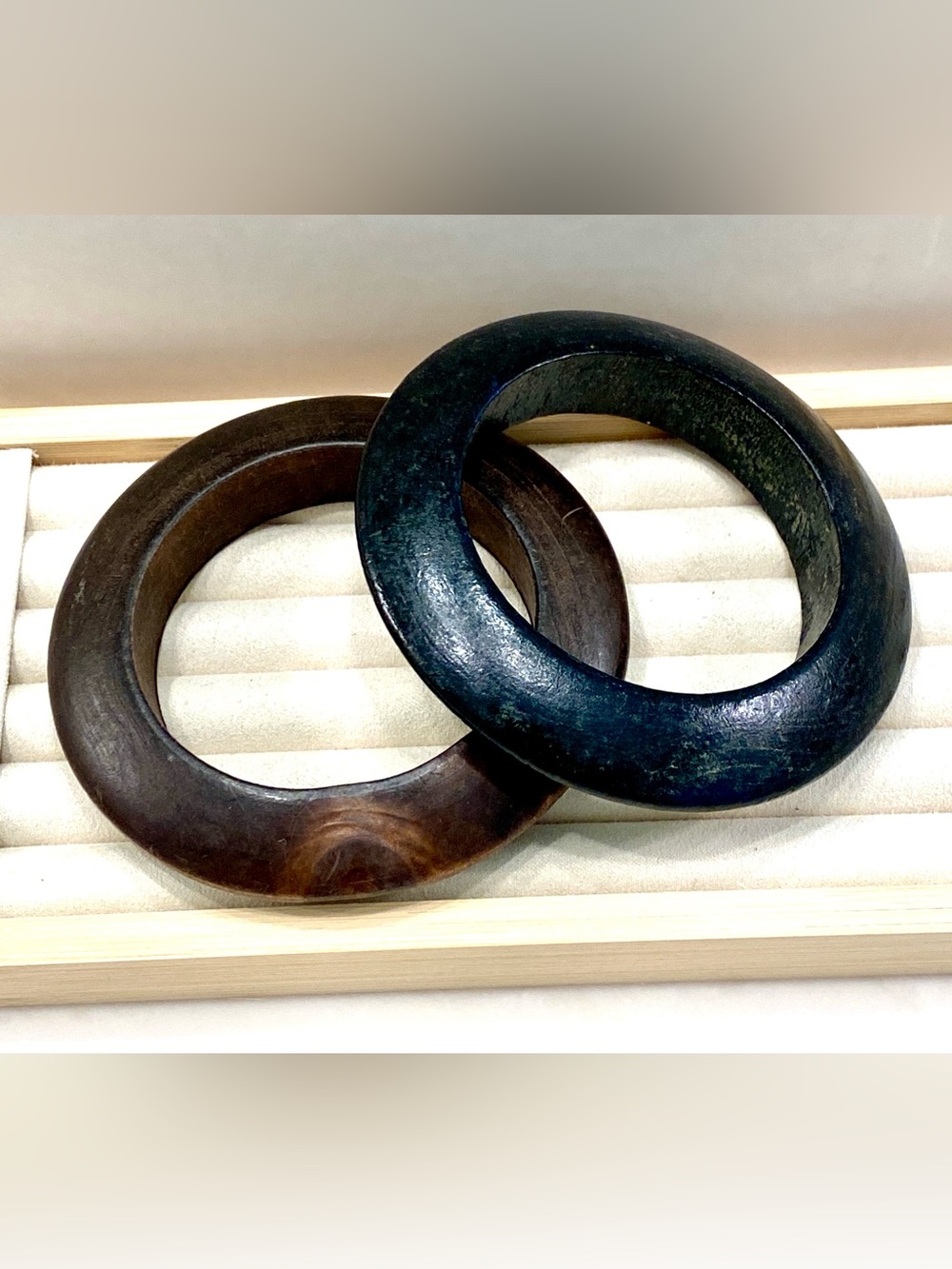 Vintage Chunky Wood Bangle Bracelet Set | Natural Brown Black Stackable Wooden